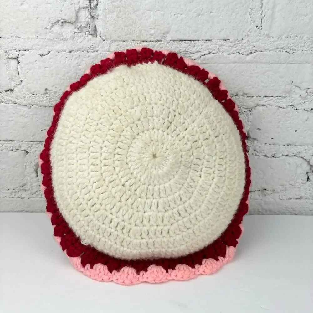 Vintage Doll Face with Red and Pink Crochet Bonnet Pillow